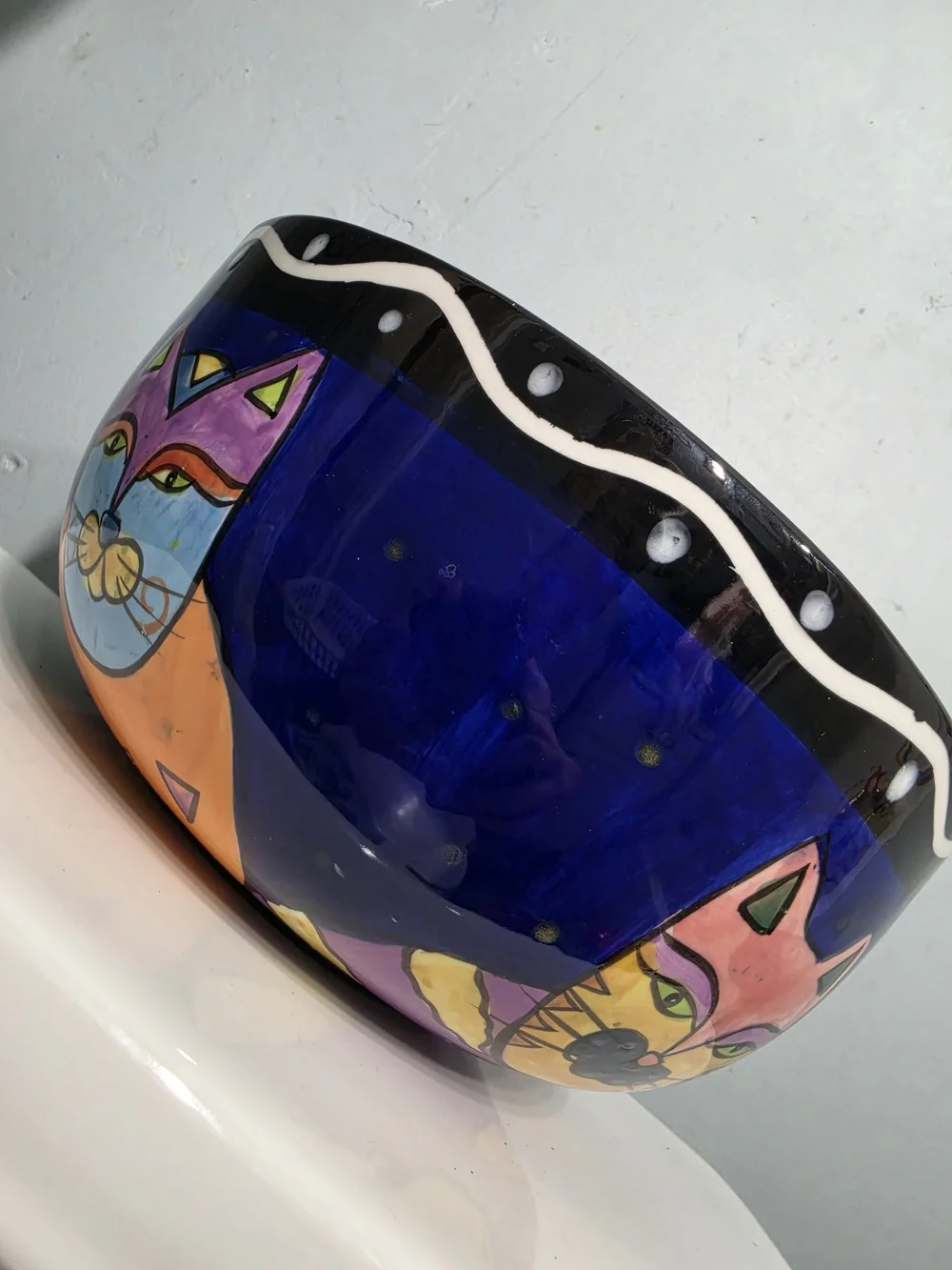 Laurel Burch Hand-Painted Blue Cat Glass Bowl with Multicolor Accents